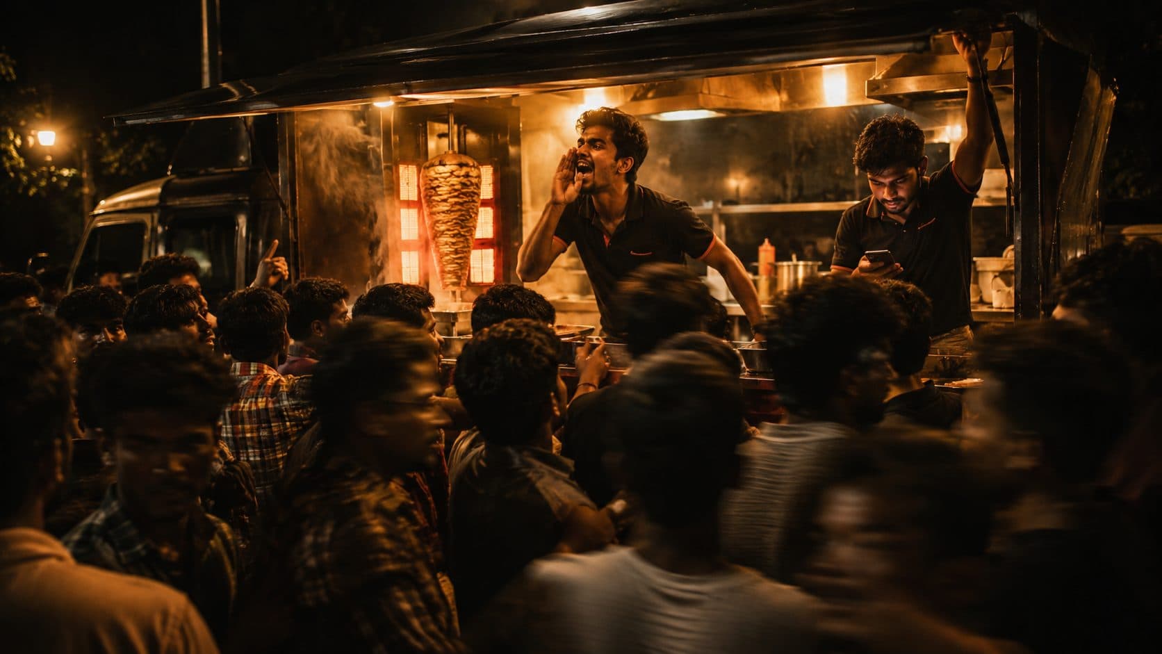 A crowd pressing against a shawarma van counter at night while a staff member shouts an order