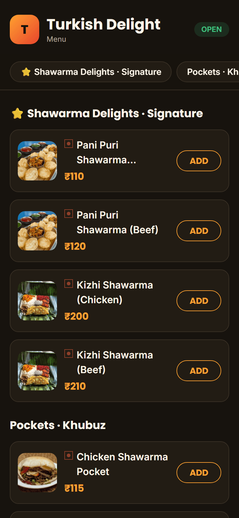 Customer menu with photos, Malayalam names and prices