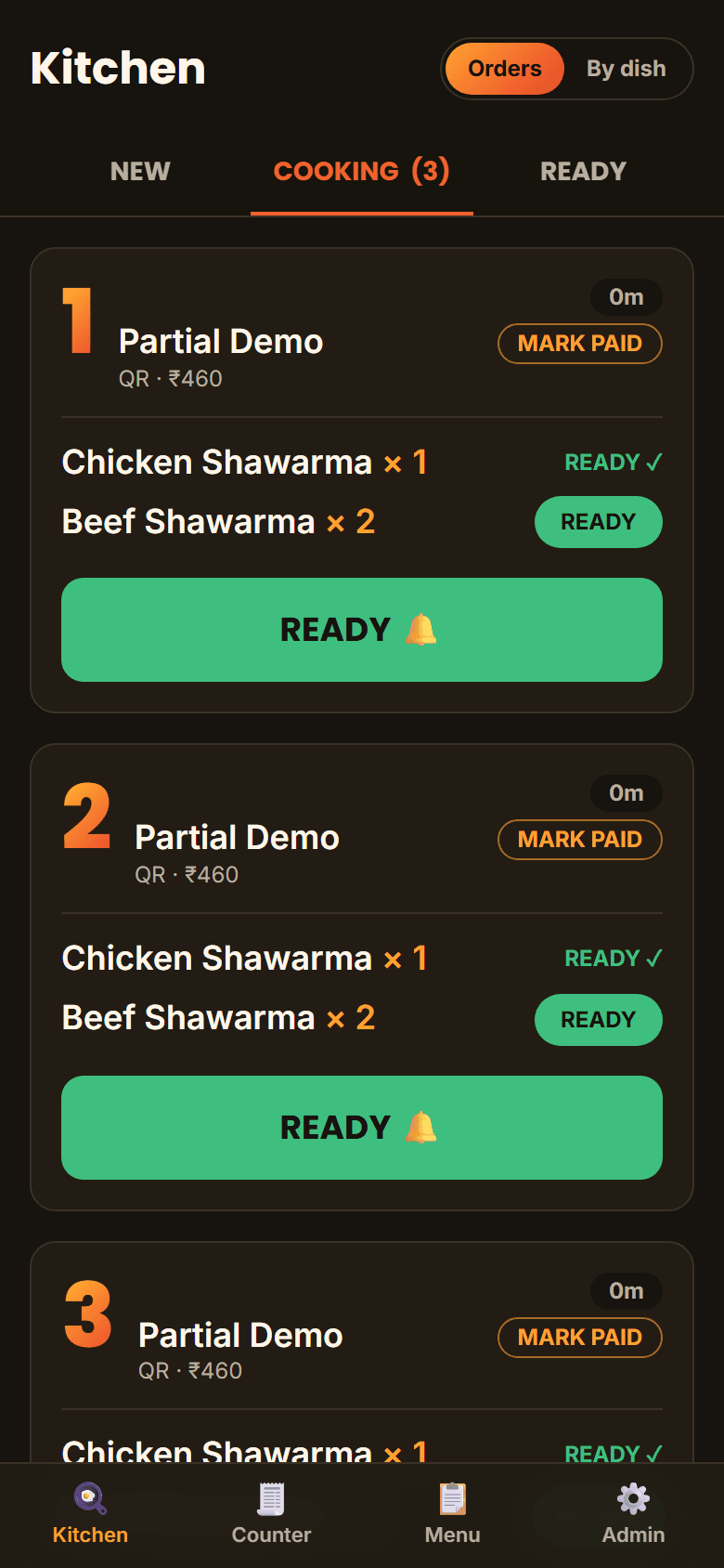 Kitchen phone showing live orders with START COOKING and READY buttons